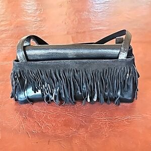 Black Leather Handbag with Suede Fringe Redwall